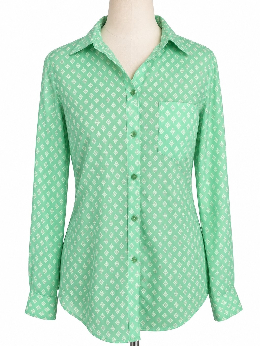Merona Women’s Petite S Mint Green White Print Button Down Blouse